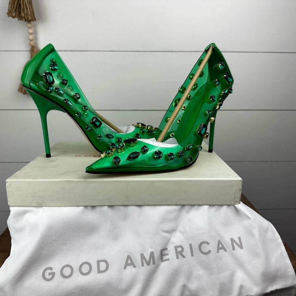 Good American Emerald Green Jeweled Pointed-Toe Stiletto Heels